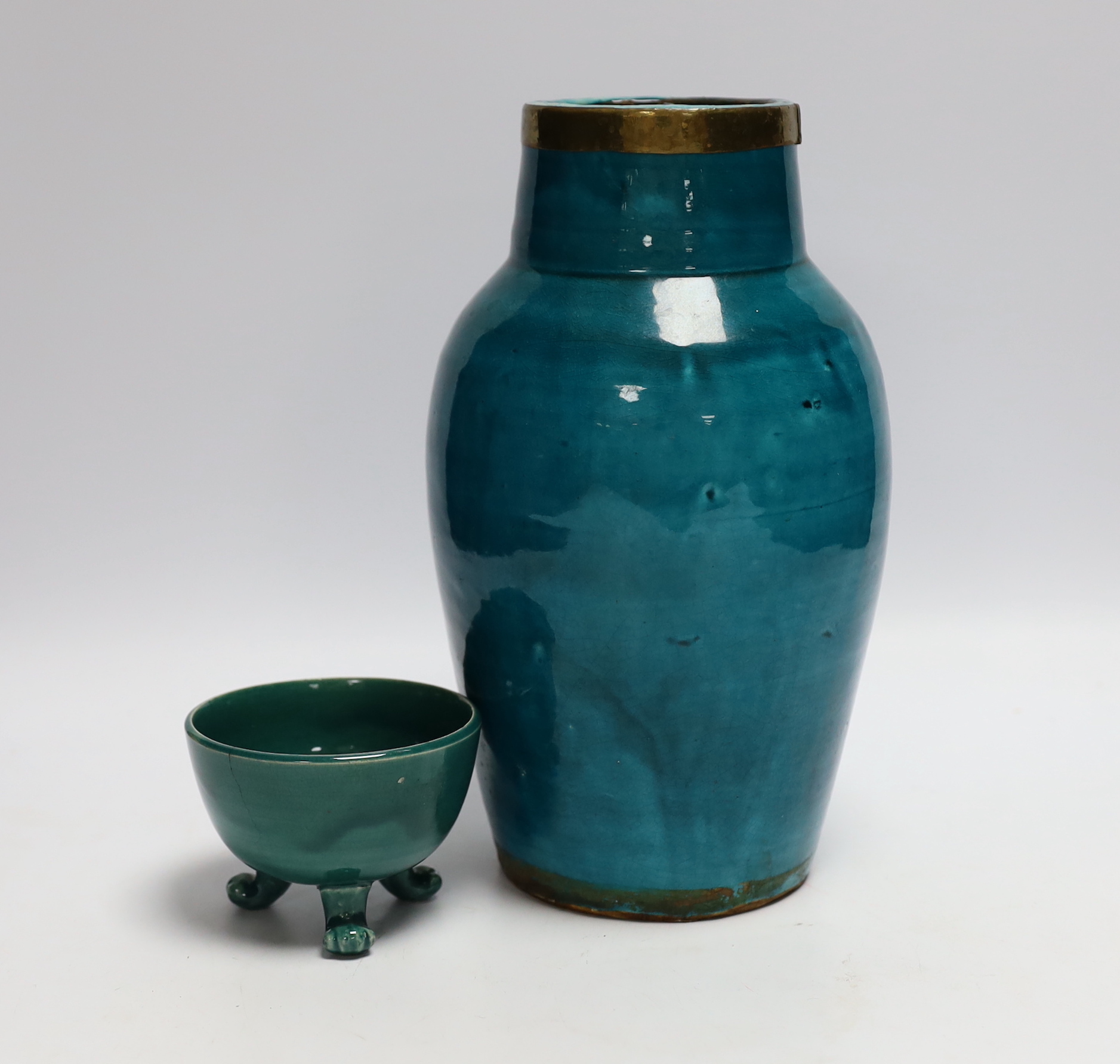 A turquoise glazed three footed bowl and jug and a small Chinese famille rose jug, largest 25cm high